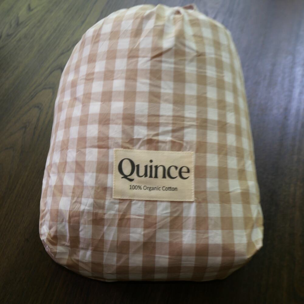 NEW Quince  QUEEN 3 Piece Crisp Percale Gingham Fitted Sheet Set Cafe Brown - Picture 4 of 7